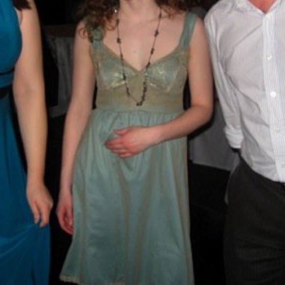 Anthropologie blue dress with gold lace - Picture 3 of 9